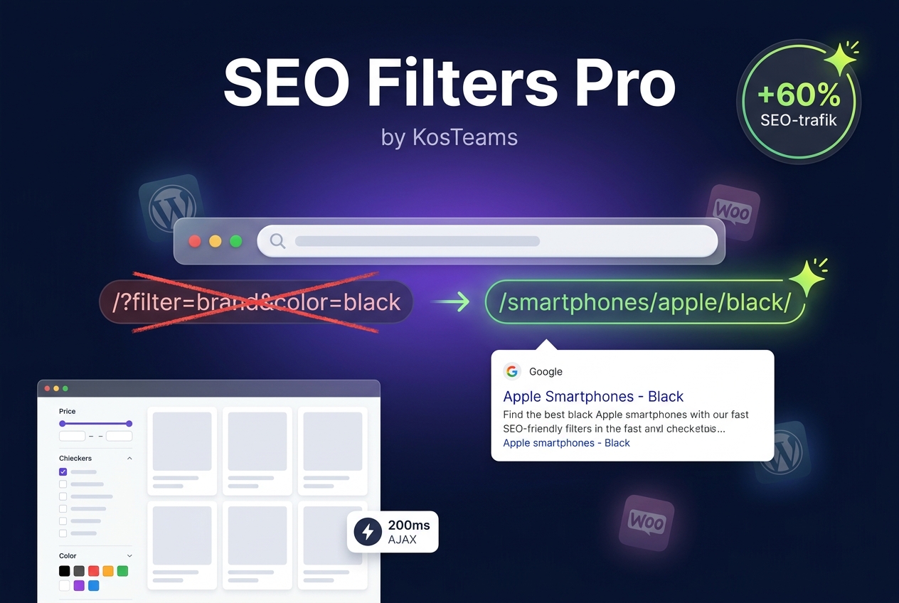 SEO Filters Pro превращает грязный адрес фильтра ?filter=brand&color=black в человекопонятный URL /smartphones/apple/black/, который индексируется и показывает готовый сниппет в Google